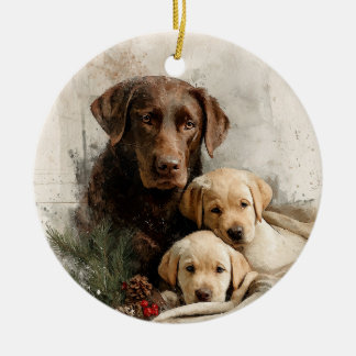 Labrador and Puppies Vintage Christmas セラミックオーナメント