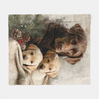 Labrador and Puppies Vintage Christmas フリースブランケット