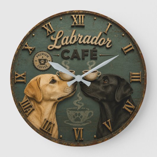 Labrador Café Coffee Lovers Vintage ラージ壁時計 (正面)