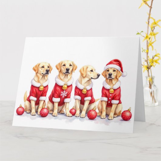 Labrador Christmas Dress Santa Hat カード (黄色い花)