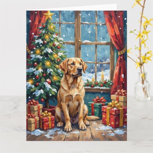 Labrador Christmas Under The Tree カード (黄色い花)