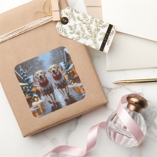 Labrador Dogs Christmas Snow Holiday スクエアシール (ギフト)