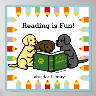 Labrador Puppies Reading Cartoon ポスター