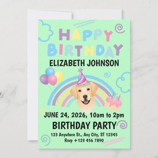 Labrador Retriever Birthday Party Invitation Green 招待状 (正面)