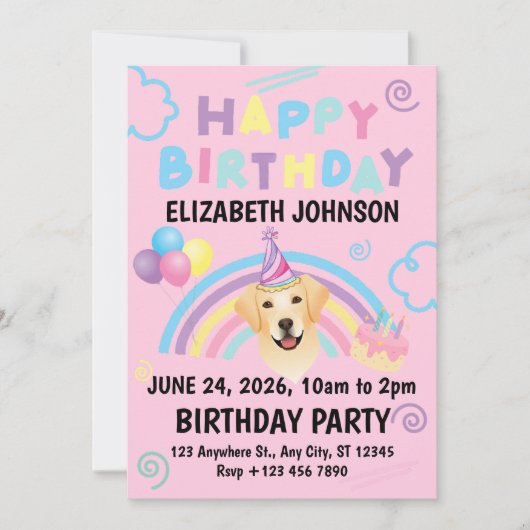 Labrador Retriever Birthday Party Invitation Pink 招待状 (正面)