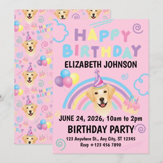 Labrador Retriever Birthday Party Invitation Pink 招待状 (正面/裏面)