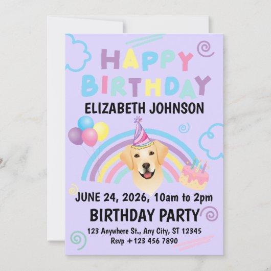 Labrador Retriever Birthday Party Invitation Purpl 招待状 (正面)