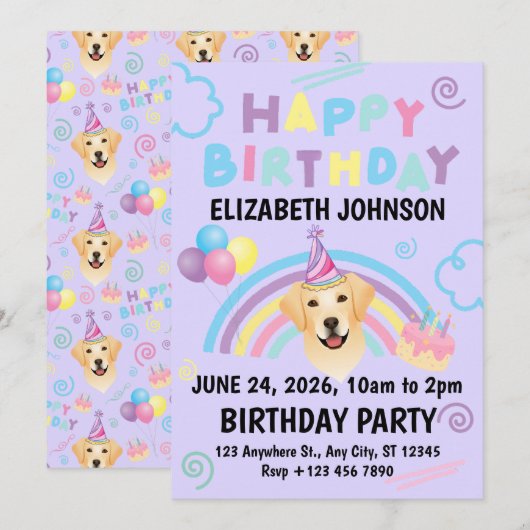 Labrador Retriever Birthday Party Invitation Purpl 招待状 (正面/裏面)