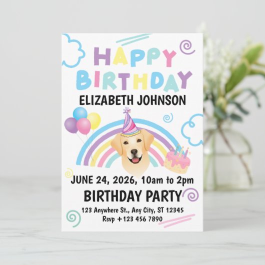 Labrador Retriever Birthday Party Invitation White 招待状 (スタンド正面)