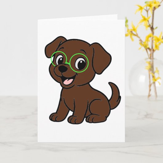 Labrador Retriever Chocolate Lab Cartoon カード (黄色い花)
