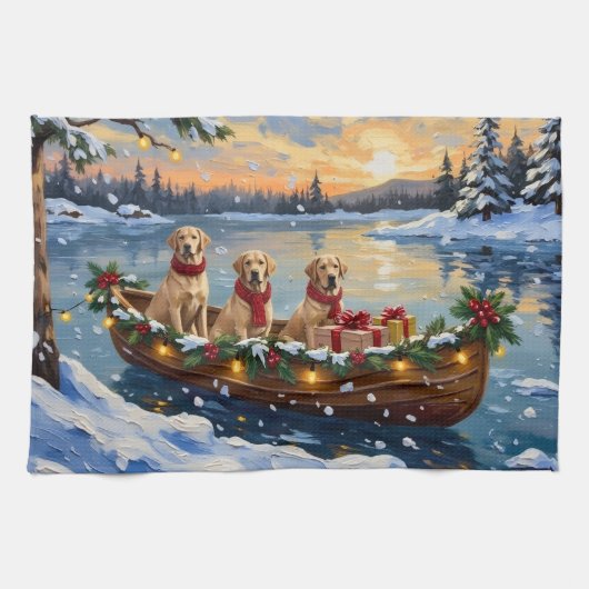 Labrador Retriever Christmas Boat Holiday キッチンタオル (横)
