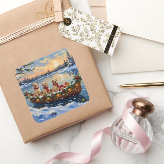 Labrador Retriever Christmas Boat Holiday スクエアシール (ギフト)