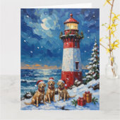 Labrador Retriever Christmas Lighthouse Holiday カード (黄色い花)