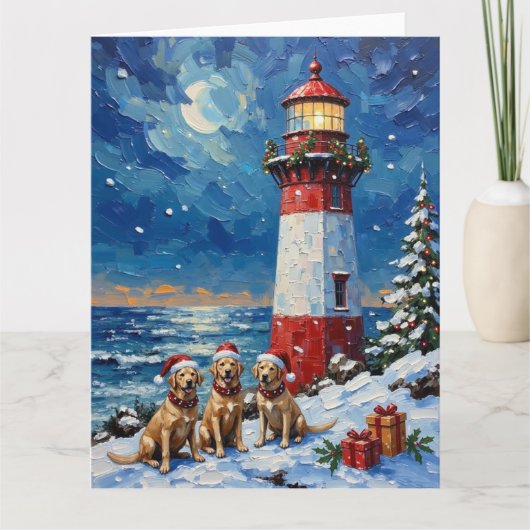 Labrador Retriever Christmas Lighthouse Holiday カード (正面)