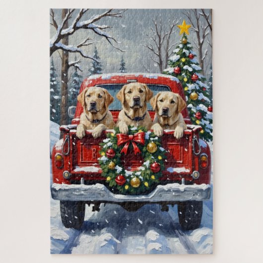 Labrador Retriever Christmas Red Truck Holiday ジグソーパズル (縦)
