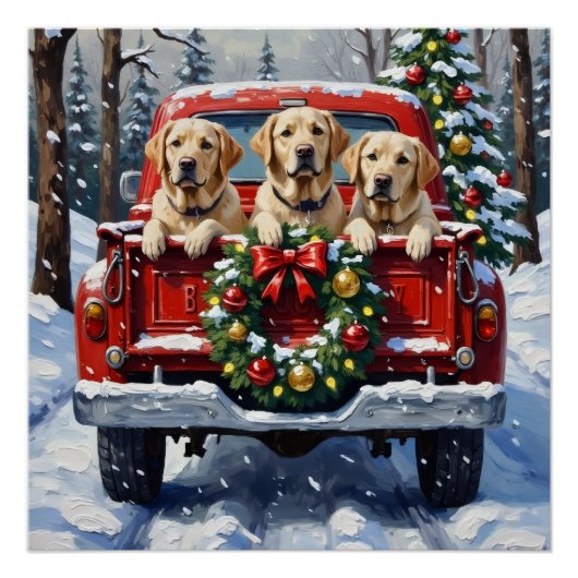 Labrador Retriever Christmas Red Truck Holiday ポスター (正面)
