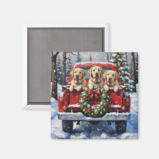 Labrador Retriever Christmas Red Truck Holiday マグネット (正面/裏面)