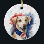 Labrador Retriever Dog, 4th of july Personalized セラミックオーナメント<br><div class="desc">Celebrate your love for your furry friend and American pride with this personalized 4th of July dog ornament 🇺🇸🐾 The design features a watercolor dog wearing a stars-and-stripes hat on a soft red and blue stars background. Personalize the back with your dog’s name, a custom 4th of July greeting, and...</div>