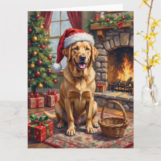 Labrador Retriever Dog Classic Family Christmas カード (黄色い花)
