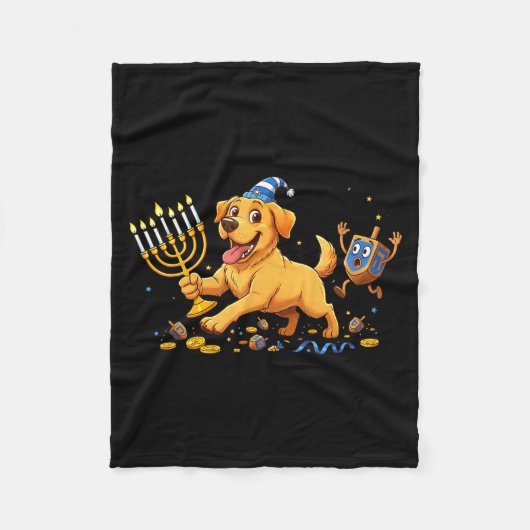 Labrador Retriever Dreidel Menorah Hanukkah Kids W フリースブランケット (正面)