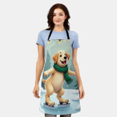 Labrador Retriever Ice Skating Christmas Painting エプロン (着用した状態)