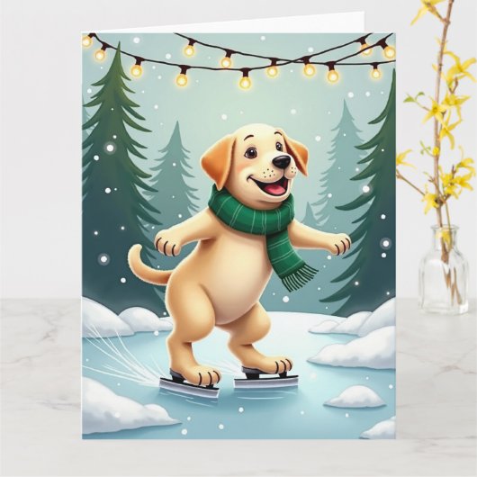 Labrador Retriever Ice Skating Christmas Painting カード (黄色い花)