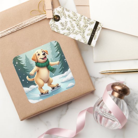 Labrador Retriever Ice Skating Christmas Painting スクエアシール (ギフト)