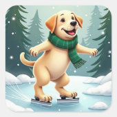 Labrador Retriever Ice Skating Christmas Painting スクエアシール (正面)