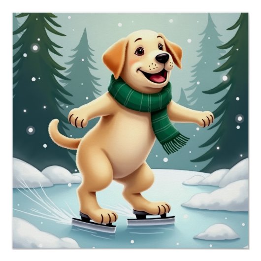 Labrador Retriever Ice Skating Christmas Painting ポスター (正面)