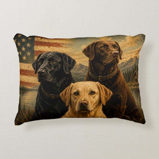 Labrador Retriever Rustic American Flag アクセントクッション (正面)