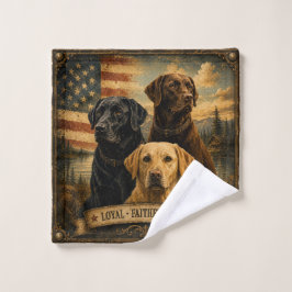 Labrador Retriever Rustic American Flag ウォッシュタオル