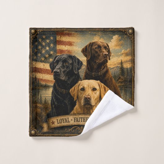Labrador Retriever Rustic American Flag ウォッシュタオル (ウォッシュタオル)
