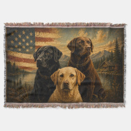 Labrador Retriever Rustic American Flag スローブランケット