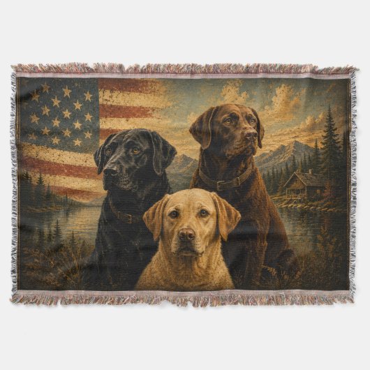  Labrador Retriever Rustic American Flag  スローブランケット (正面)