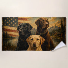 Labrador Retriever Rustic American Flag ビーチタオル