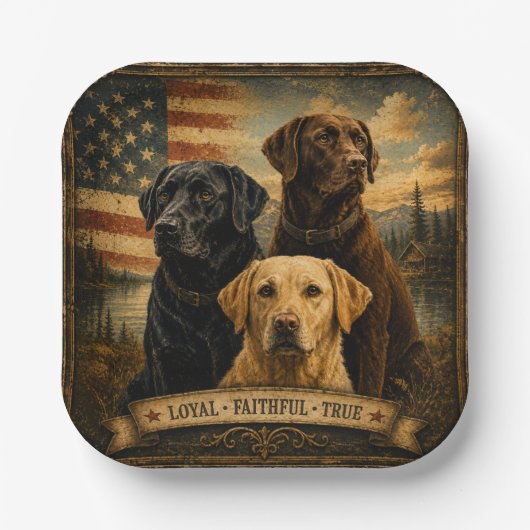  Labrador Retriever Rustic American Flag  ペーパープレート (正面)