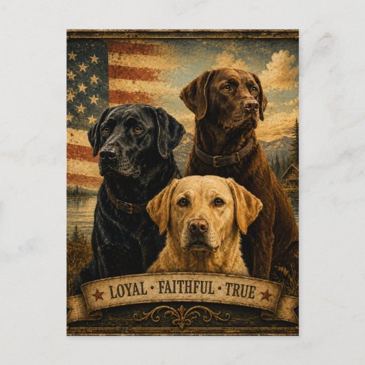 Labrador Retriever Rustic American Flag ポストカード (正面)