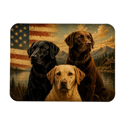Labrador Retriever Rustic American Flag マグネット (横)