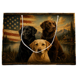 Labrador Retriever Rustic American Flag ラージペーパーバッグ