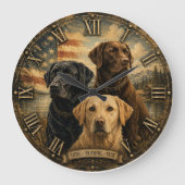  Labrador Retriever Rustic American Flag  ラージ壁時計 (正面)