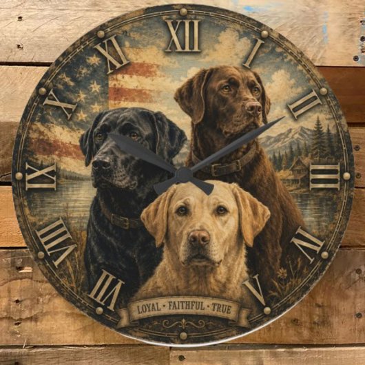  Labrador Retriever Rustic American Flag  ラージ壁時計