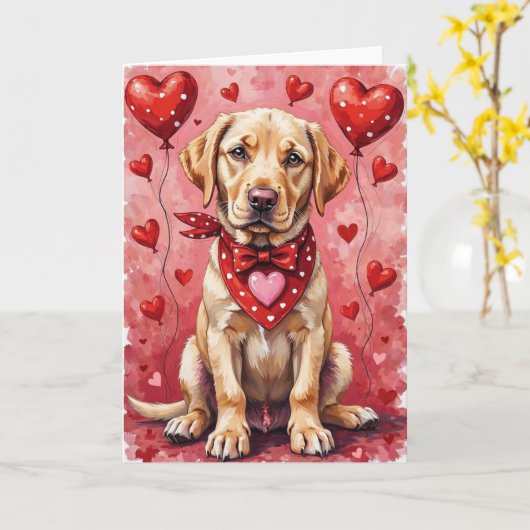 Labrador Retriever Valentine’s Day Dog with Hearts カード (黄色い花)