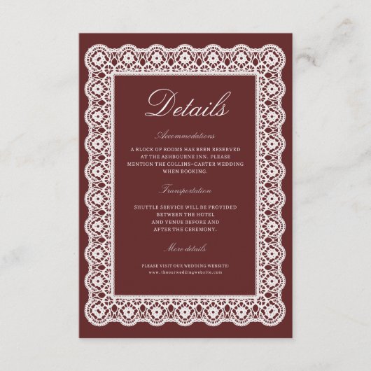 Lace Burgundy Wedding Details Enclosure Card エンクロージャーカード (正面)