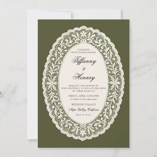 Lace Doily Olive Green Wedding Invitation 招待状 (正面)