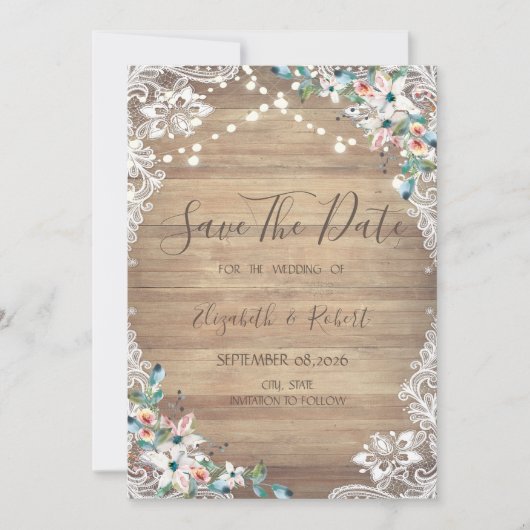 Lace Flowers Wood Texture, Lights Save The Date セーブザデート (正面)