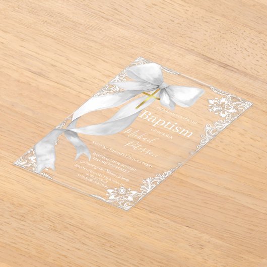 Lace Gold Cross Baptism White Bow アクリル招待状 (レイダウン)