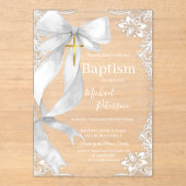 Lace Gold Cross Baptism White Bow アクリル招待状 (正面)