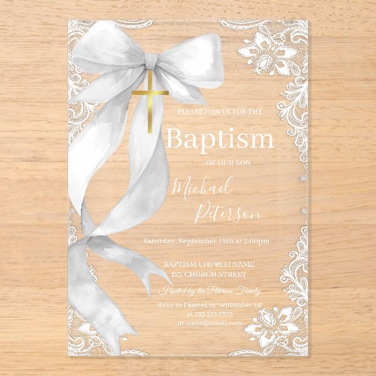 Lace Gold Cross Baptism White Bow アクリル招待状 (正面)