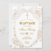 Lace Ivory Bow Pearl Baptism Invitation 招待状 (正面)