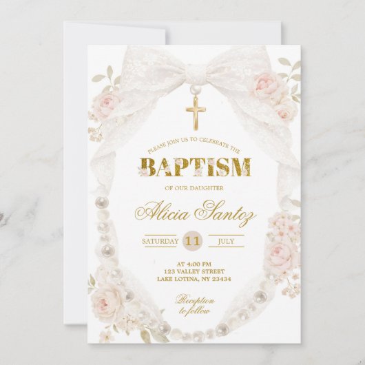 Lace Ivory Bow Pearl Baptism Invitation 招待状 (正面)